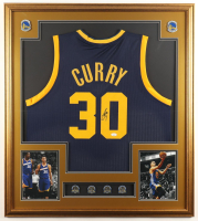 Stephen Curry Signed Custom Framed Jersey Display with (4) NBA Finals Pins & (2) Metal Team Logo Emblems (JSA) at PristineAuction.com