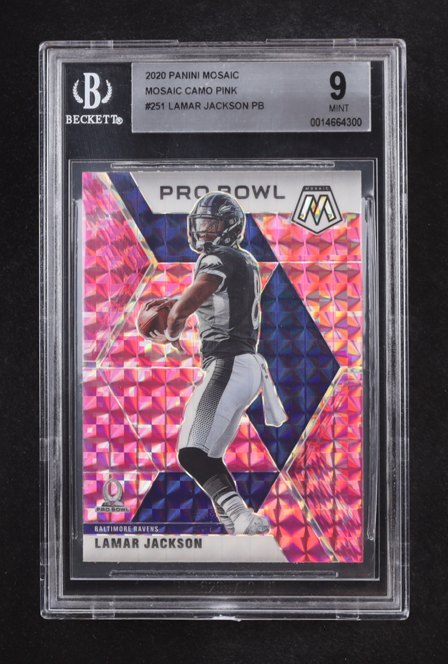 Lamar Jackson 2020 Panini Mosaic Mosaic Camo Pink PB #251 (Beckett 9) at PristineAuction.com Lamar Jackson 2020 Panini Mosaic Mosaic Camo Pink PB #251 (Beckett 9) at PristineAuction.com