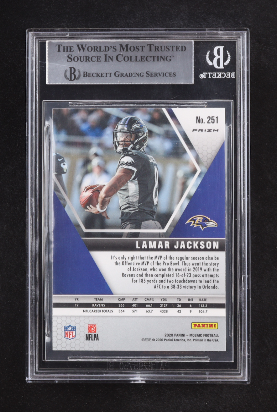 Lamar Jackson 2020 Panini Mosaic Mosaic Camo Pink PB #251 (Beckett 9) at PristineAuction.com Lamar Jackson 2020 Panini Mosaic Mosaic Camo Pink PB #251 (Beckett 9) at PristineAuction.com