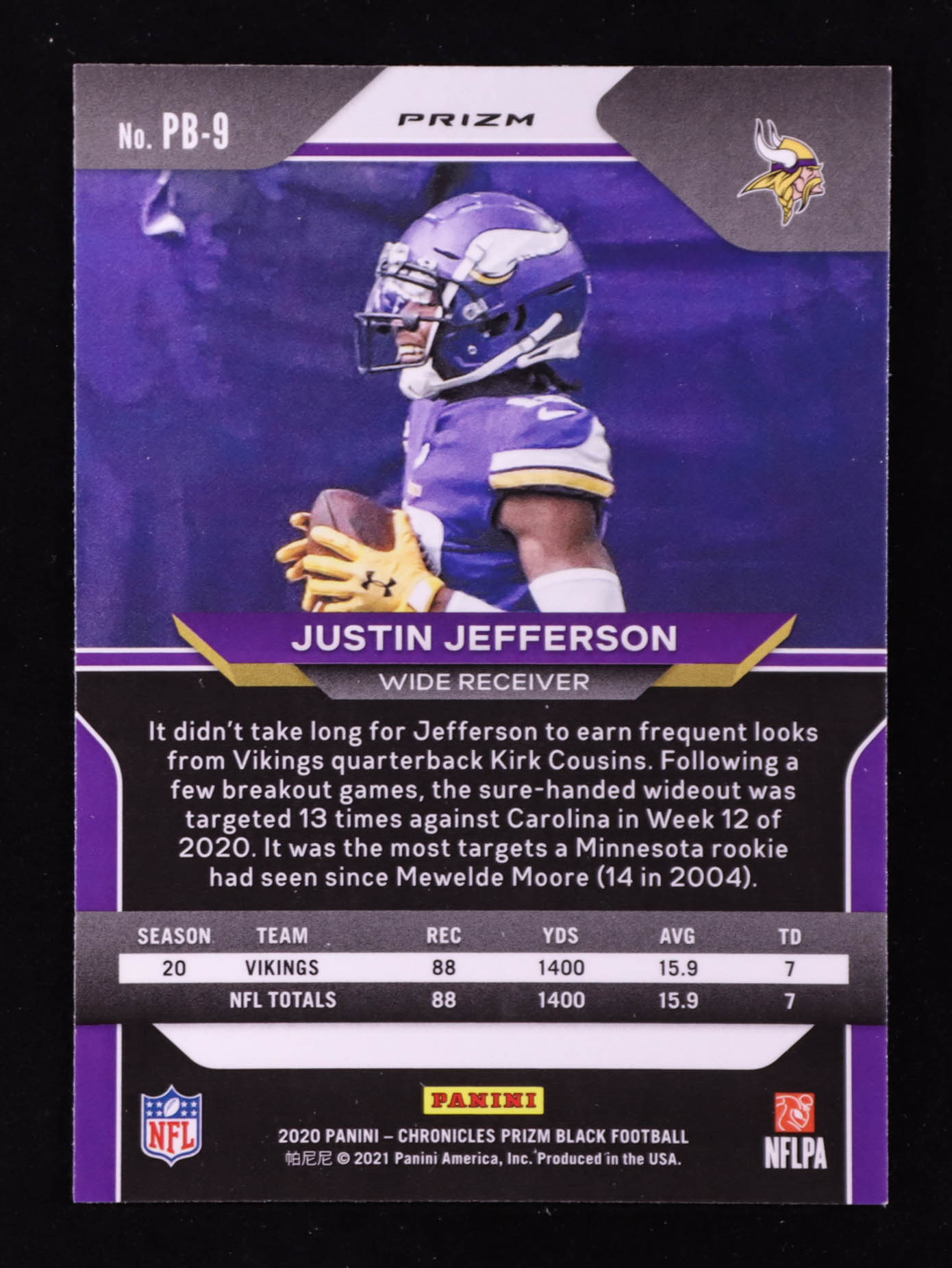 Justin Jefferson 2020 Panini Chronicles Prizm Black #PB-9 RC at PristineAuction.com Justin Jefferson 2020 Panini Chronicles Prizm Black #PB-9 RC at PristineAuction.com