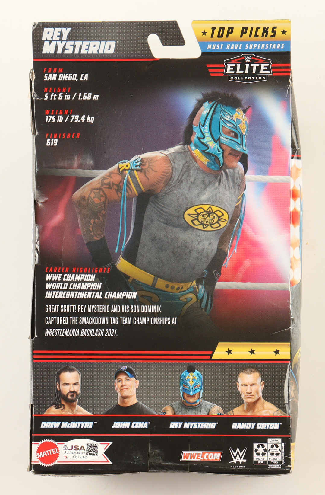 Rey Mysterio Signed WWE Mattel Elite Collection Action Figure Inscribed "619" (JSA) at PristineAuction.com Rey Mysterio Signed WWE Mattel Elite Collection Action Figure Inscribed "619" (JSA) at PristineAuction.com