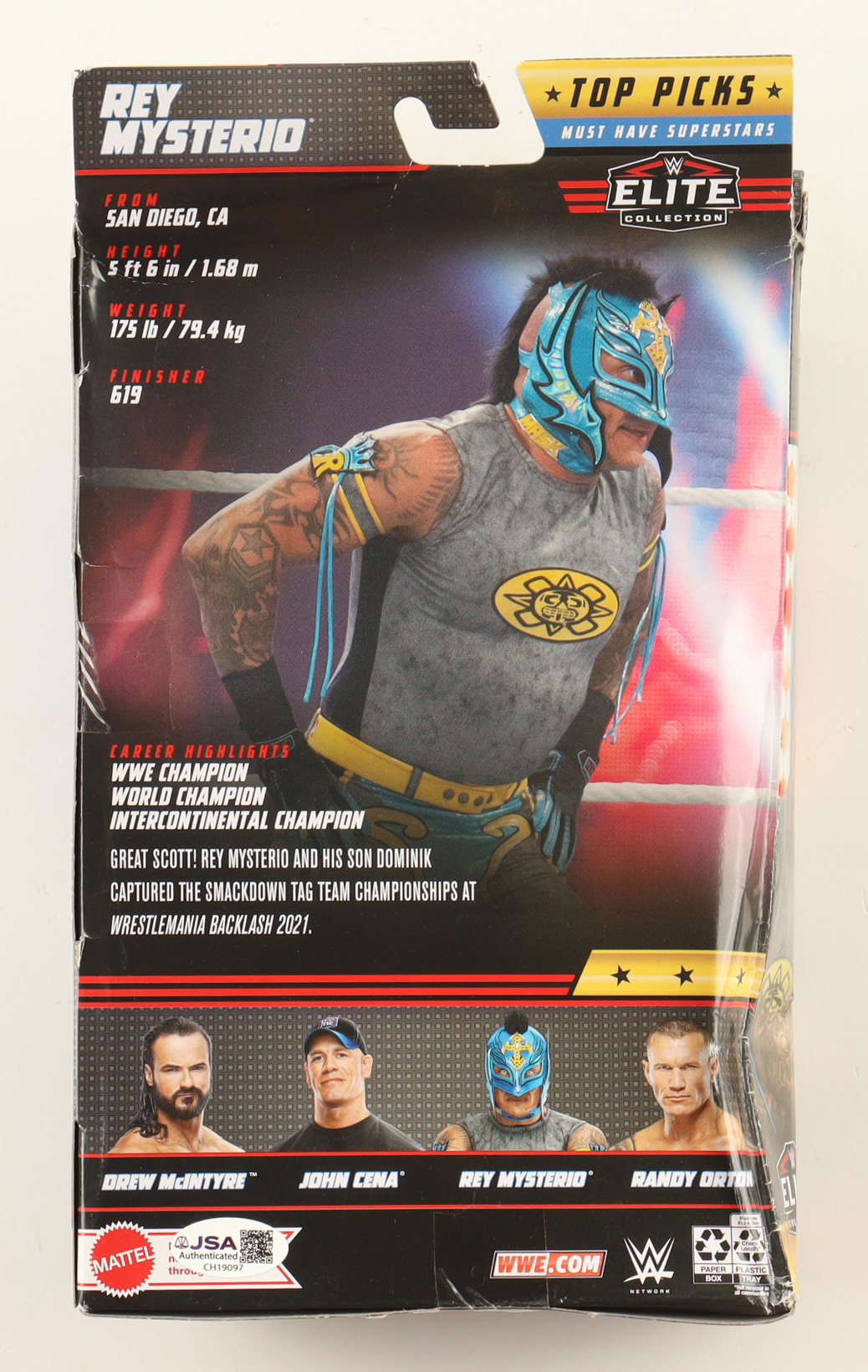 Rey Mysterio Signed WWE Mattel Elite Collection Action Figure Inscribed "619" (JSA) at PristineAuction.com Rey Mysterio Signed WWE Mattel Elite Collection Action Figure Inscribed "619" (JSA) at PristineAuction.com