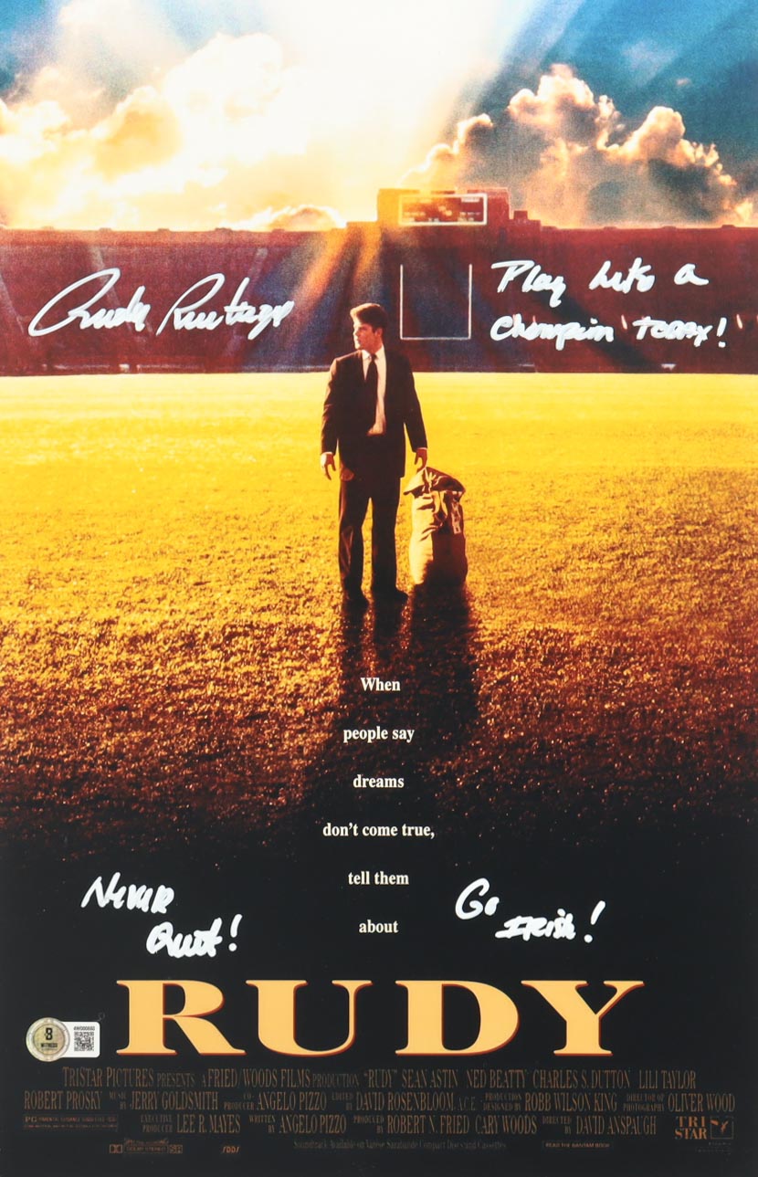 Rudy Ruettiger Signed "Rudy" 11x17 Movie Poster Photo Inscribed "Play Like A Champion Today!", "Never Quit!" & "Go Irish" (Beckett) at PristineAuction.com Rudy Ruettiger Signed "Rudy" 11x17 Movie Poster Photo Inscribed "Play Like A Champion Today!", "Never Quit!" & "Go Irish" (Beckett) at PristineAuction.com