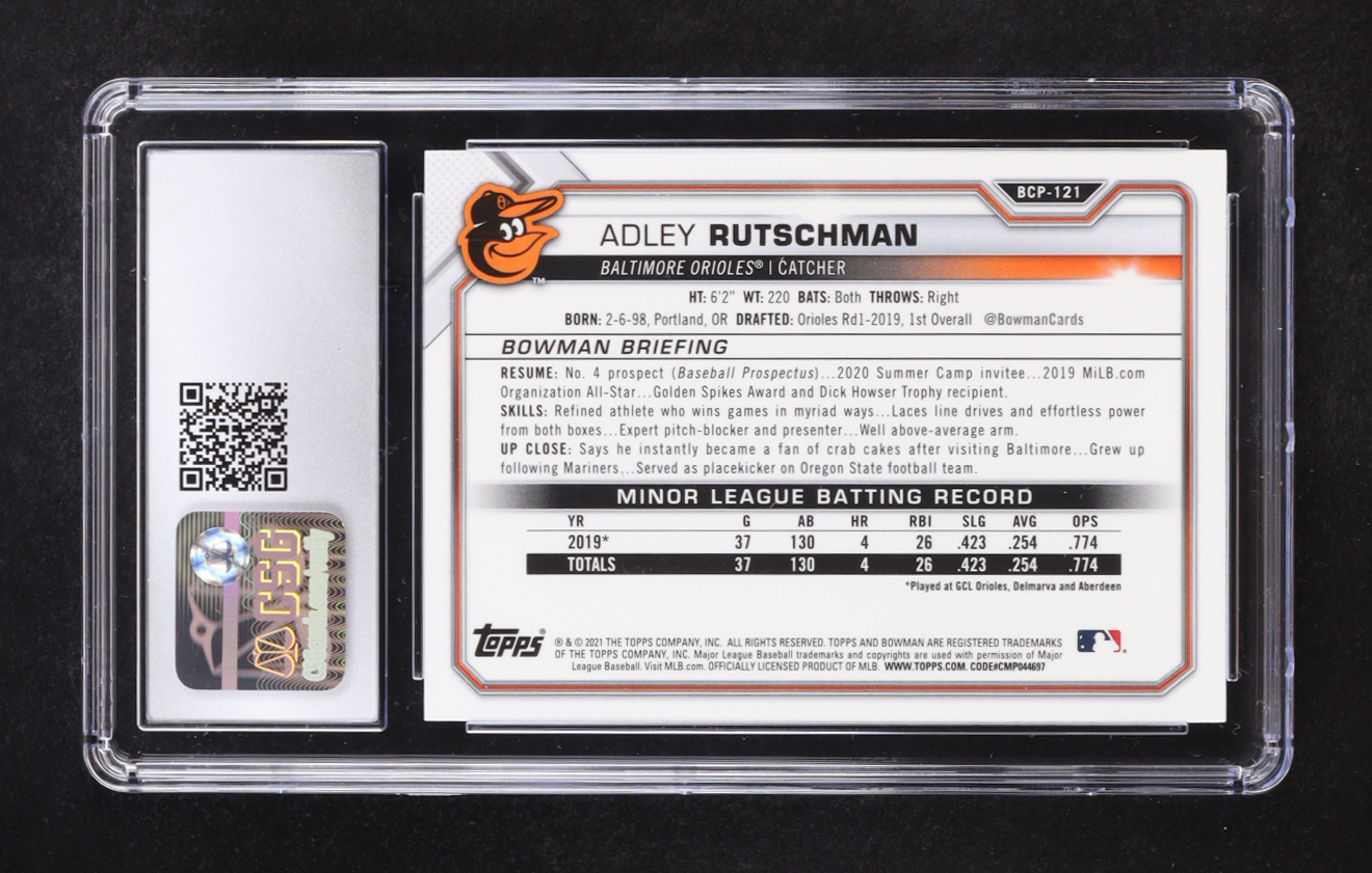 Adley Rutschman 2021 Bowman Chrome Mega Box Prospects Refractors #BCP121 RC (CSG 9.5) at PristineAuction.com Adley Rutschman 2021 Bowman Chrome Mega Box Prospects Refractors #BCP121 RC (CSG 9.5) at PristineAuction.com