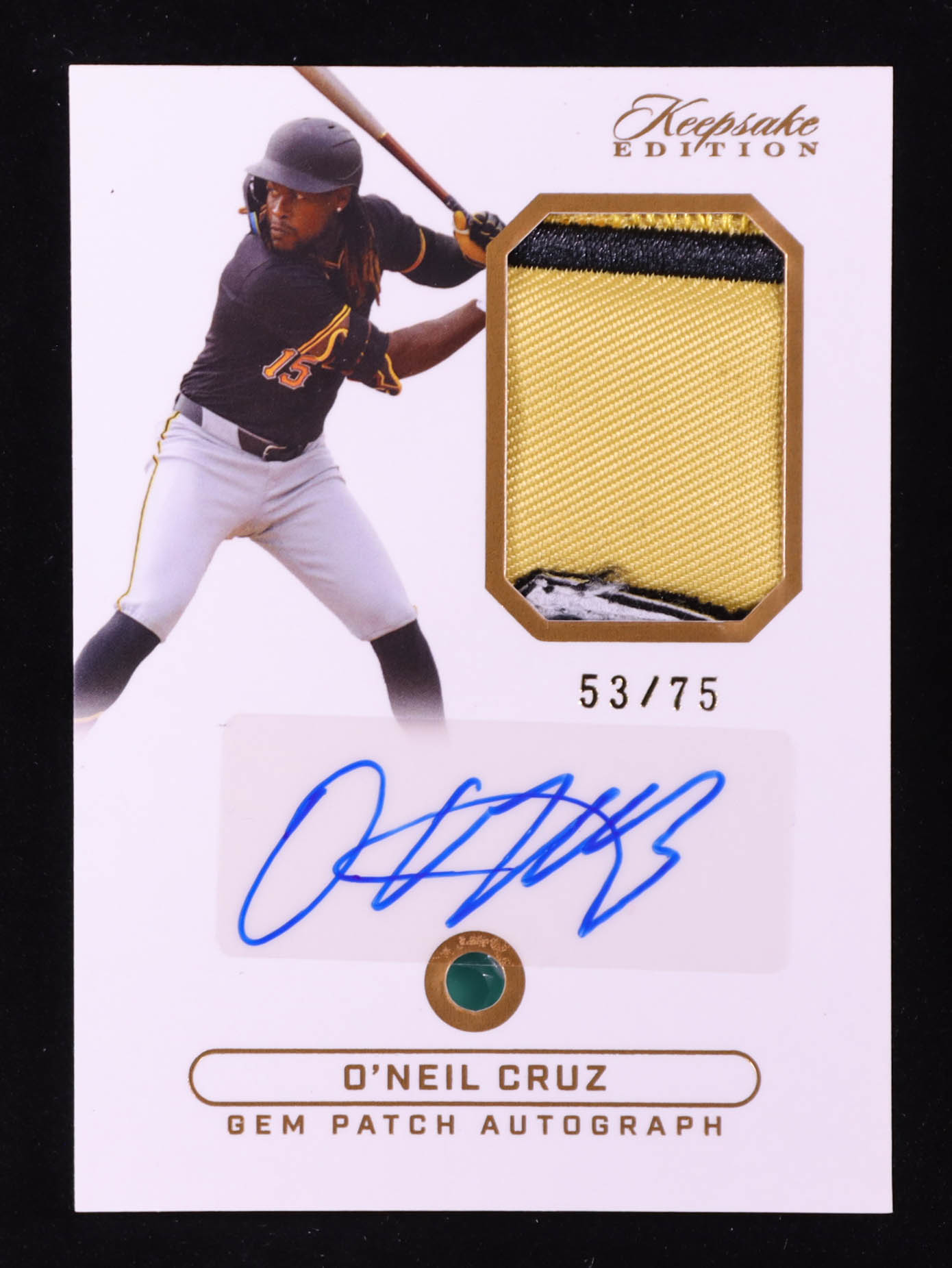 O'Neil Cruz 2024 Keepsake Sports Edition Auto Relic Gem Patch JSY #104 #53/75 at PristineAuction.com O'Neil Cruz 2024 Keepsake Sports Edition Auto Relic Gem Patch JSY #104 #53/75 at PristineAuction.com