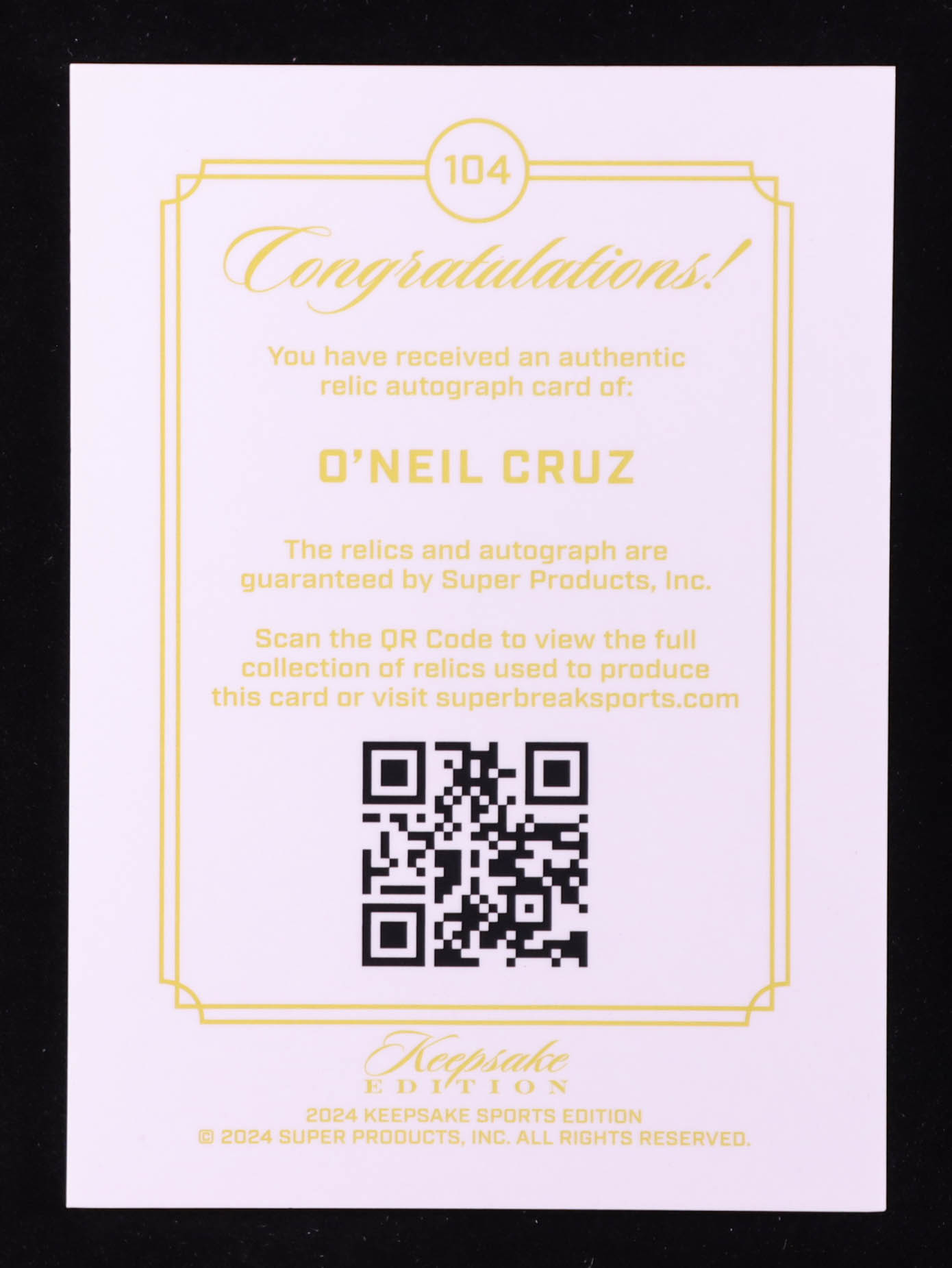 O'Neil Cruz 2024 Keepsake Sports Edition Auto Relic Gem Patch JSY #104 #53/75 at PristineAuction.com O'Neil Cruz 2024 Keepsake Sports Edition Auto Relic Gem Patch JSY #104 #53/75 at PristineAuction.com