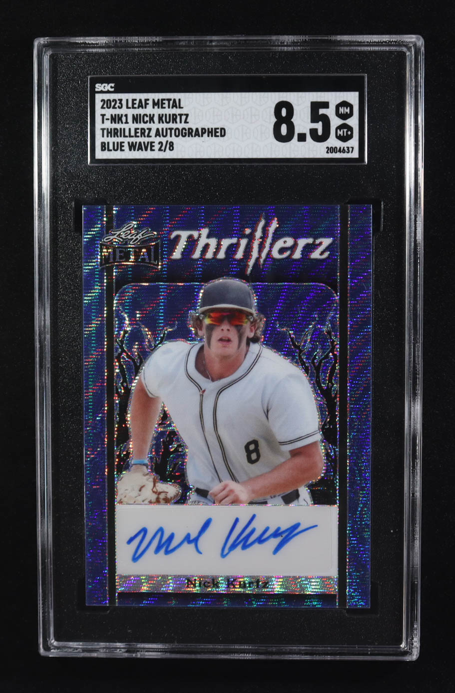 Nick Kurtz 2023 Leaf Metal Thrillerz Autographs Wave Blue #T-NK1 #2/8 (SGC 8.5) at PristineAuction.com Nick Kurtz 2023 Leaf Metal Thrillerz Autographs Wave Blue #T-NK1 #2/8 (SGC 8.5) at PristineAuction.com