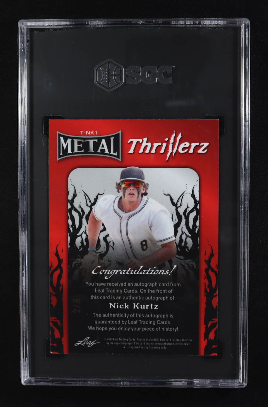 Nick Kurtz 2023 Leaf Metal Thrillerz Autographs Wave Blue #T-NK1 #2/8 (SGC 8.5) at PristineAuction.com Nick Kurtz 2023 Leaf Metal Thrillerz Autographs Wave Blue #T-NK1 #2/8 (SGC 8.5) at PristineAuction.com