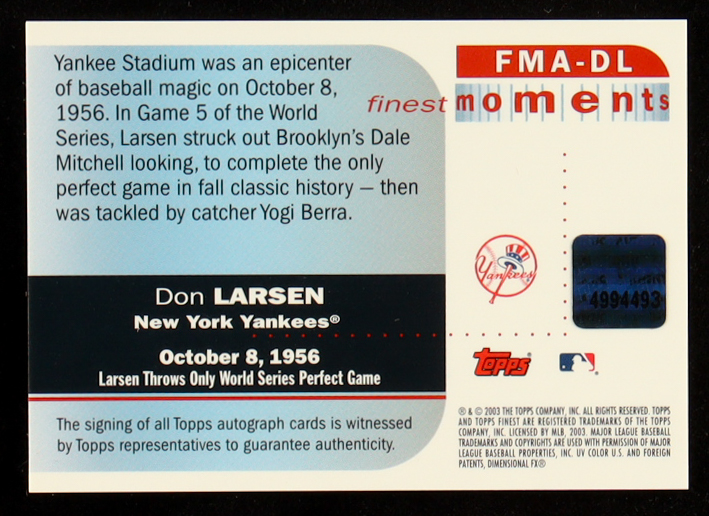 Don Larsen 2002 Finest Moments Autographs #FMADL at PristineAuction.com Don Larsen 2002 Finest Moments Autographs #FMADL at PristineAuction.com