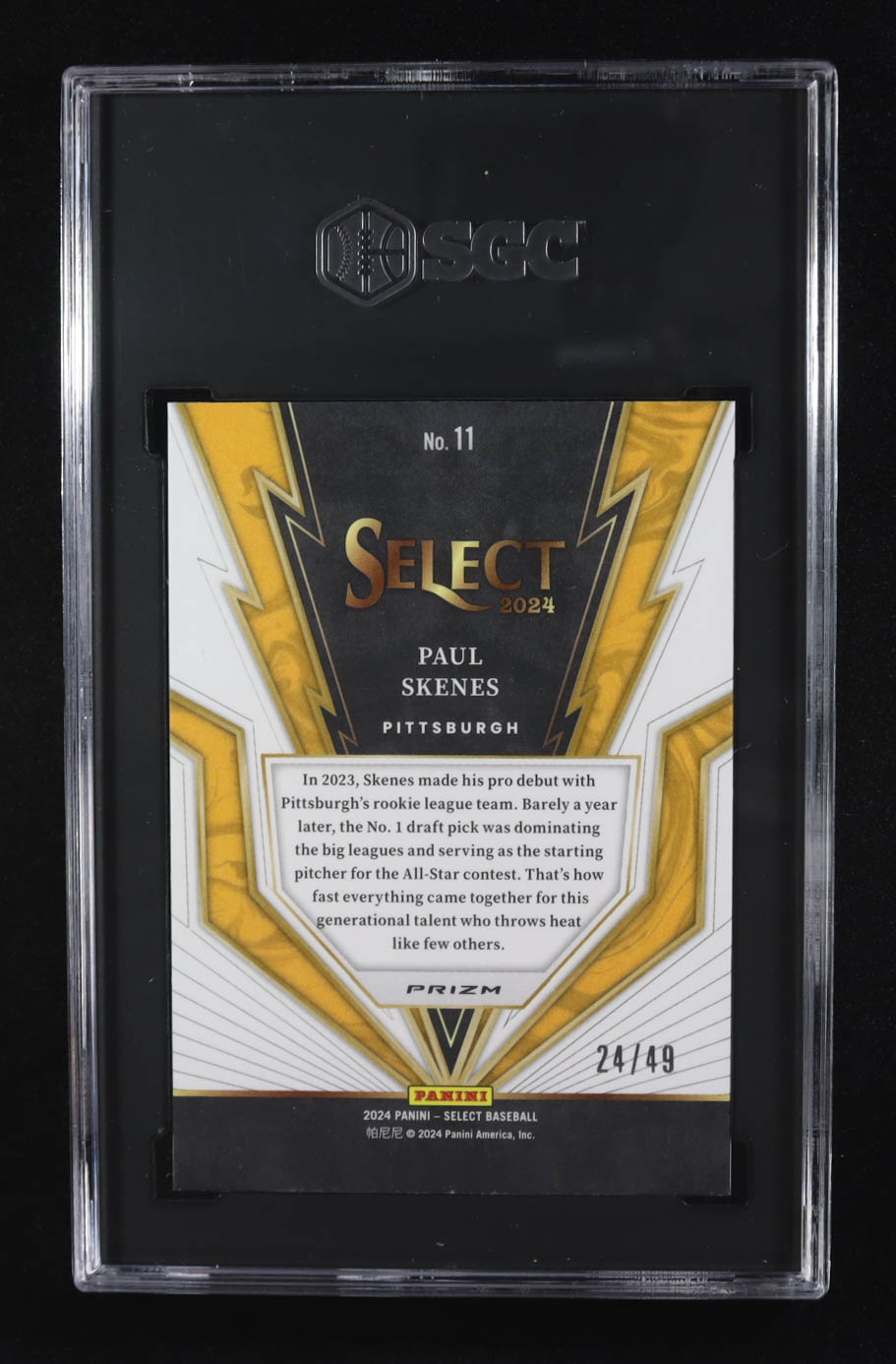 Paul Skenes 2024 Panini Select Turbocharged Blue Prizm #11 #24/49 RC (SGC 9) at PristineAuction.com Paul Skenes 2024 Panini Select Turbocharged Blue Prizm #11 #24/49 RC (SGC 9) at PristineAuction.com