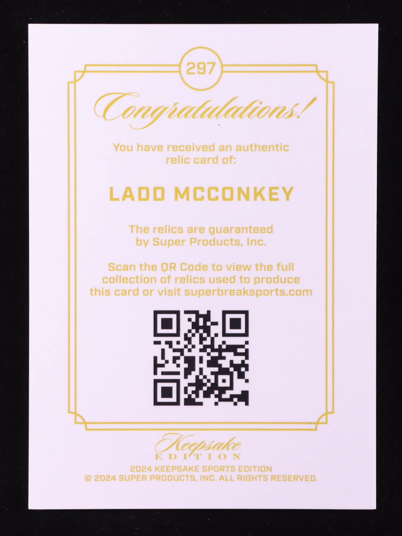 Ladd Mcconkey 2024 Keepsake Sports Edition Gem Relic Jersey #297 RC #97/99 at PristineAuction.com Ladd Mcconkey 2024 Keepsake Sports Edition Gem Relic Jersey #297 RC #97/99 at PristineAuction.com