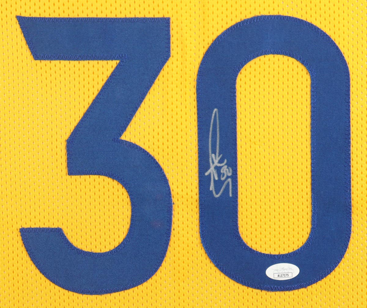 Stephen Curry Signed Custom Framed Jersey Display with (4) NBA Finals Pins & (2) Cloth NBA Finals Patches (JSA) at PristineAuction.com Stephen Curry Signed Custom Framed Jersey Display with (4) NBA Finals Pins & (2) Cloth NBA Finals Patches (JSA) at PristineAuction.com