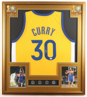 Stephen Curry Signed Custom Framed Jersey Display with (4) NBA Finals Pins & (2) Cloth NBA Finals Patches (JSA) at PristineAuction.com