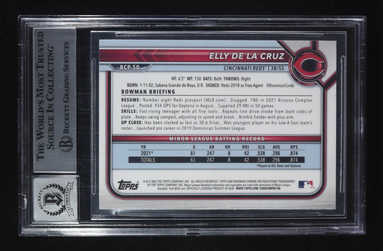 Elly De La Cruz Signed 2022 Bowman Chrome Mega Box Prospects #BCP-50 (BGS | Auto Grade 10) at PristineAuction.com Elly De La Cruz Signed 2022 Bowman Chrome Mega Box Prospects #BCP-50 (BGS | Auto Grade 10) at PristineAuction.com