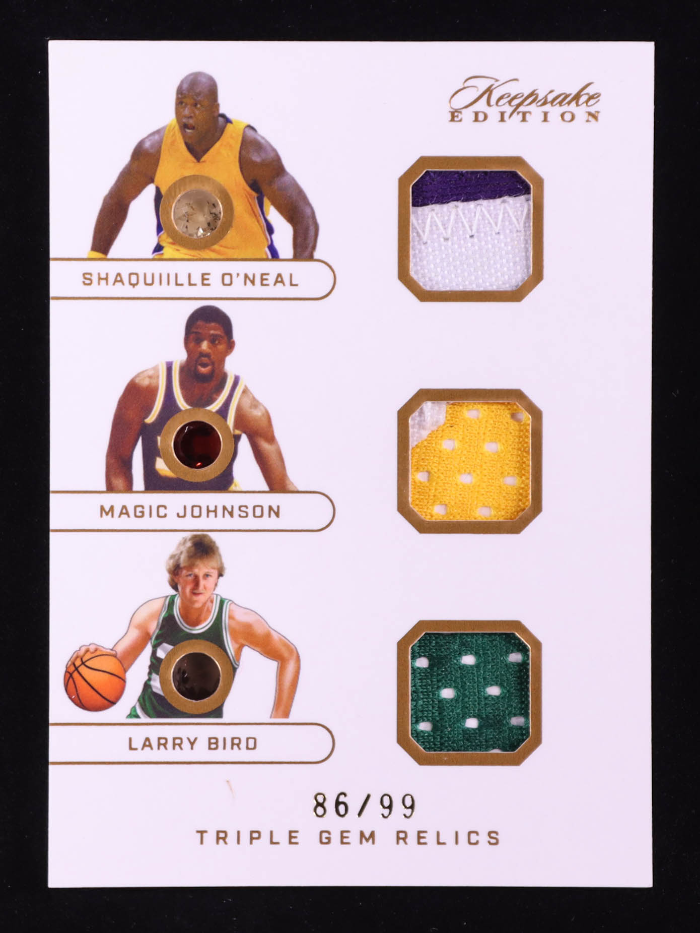Shaquille O'Neal / Magic Johnson / Larry Bird 2024 Keepsake Sports Edition Triple Gem Relics Jersey #383 #86/99 at PristineAuction.com Shaquille O'Neal / Magic Johnson / Larry Bird 2024 Keepsake Sports Edition Triple Gem Relics Jersey #383 #86/99 at PristineAuction.com