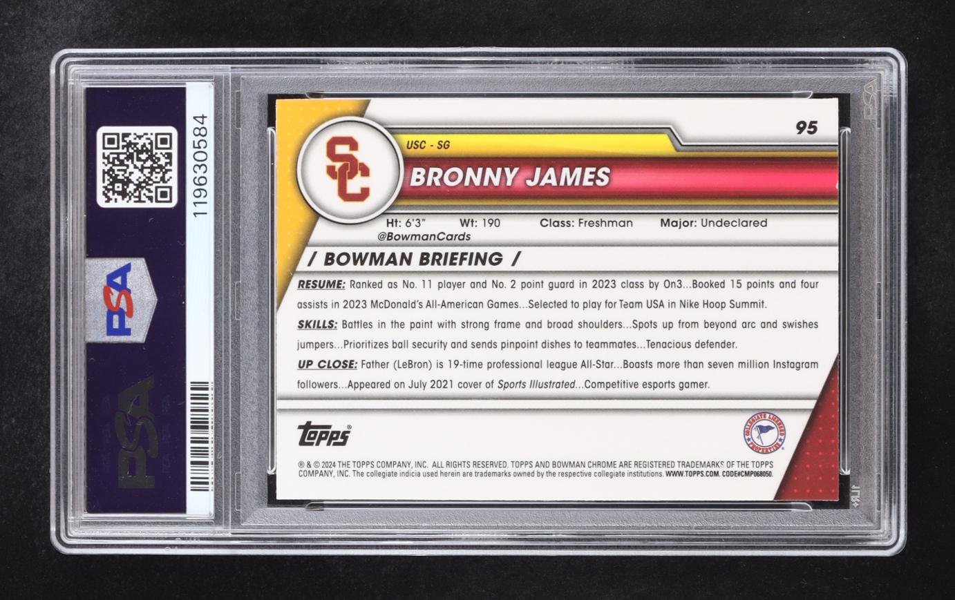 Bronny James Jr. 2023 Bowman Chrome University Pink Refractor #95 RC (PSA 9) at PristineAuction.com Bronny James Jr. 2023 Bowman Chrome University Pink Refractor #95 RC (PSA 9) at PristineAuction.com