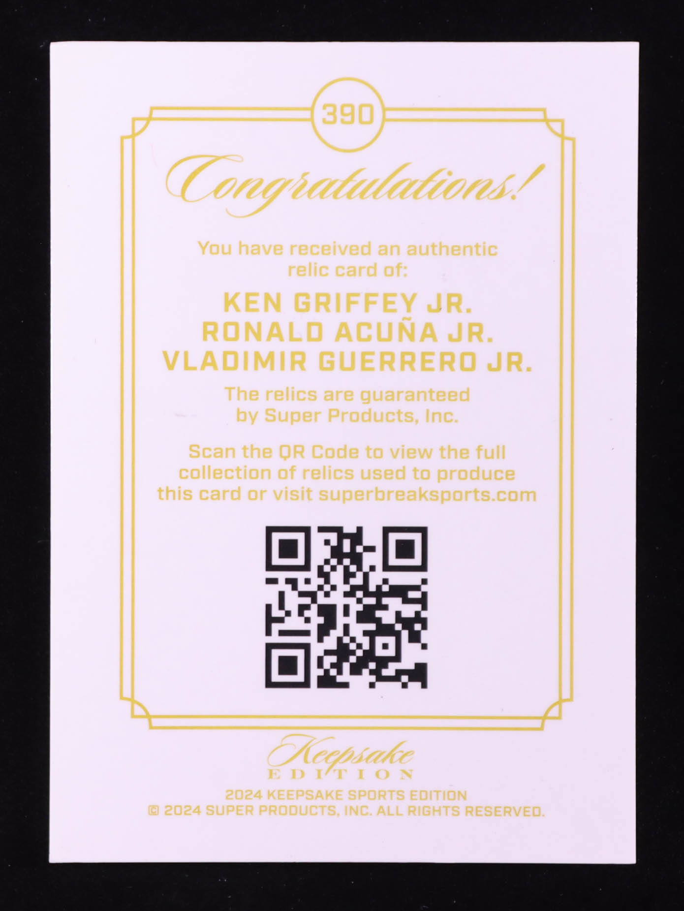 Ken Griffey Jr. / Ronald Acuna Jr. / Vladimir Guerrero Jr. 2024 Keepsake Sports Edition Triple Gem Relics Jersey #390 #96/99 at PristineAuction.com Ken Griffey Jr. / Ronald Acuna Jr. / Vladimir Guerrero Jr. 2024 Keepsake Sports Edition Triple Gem Relics Jersey #390 #96/99 at PristineAuction.com