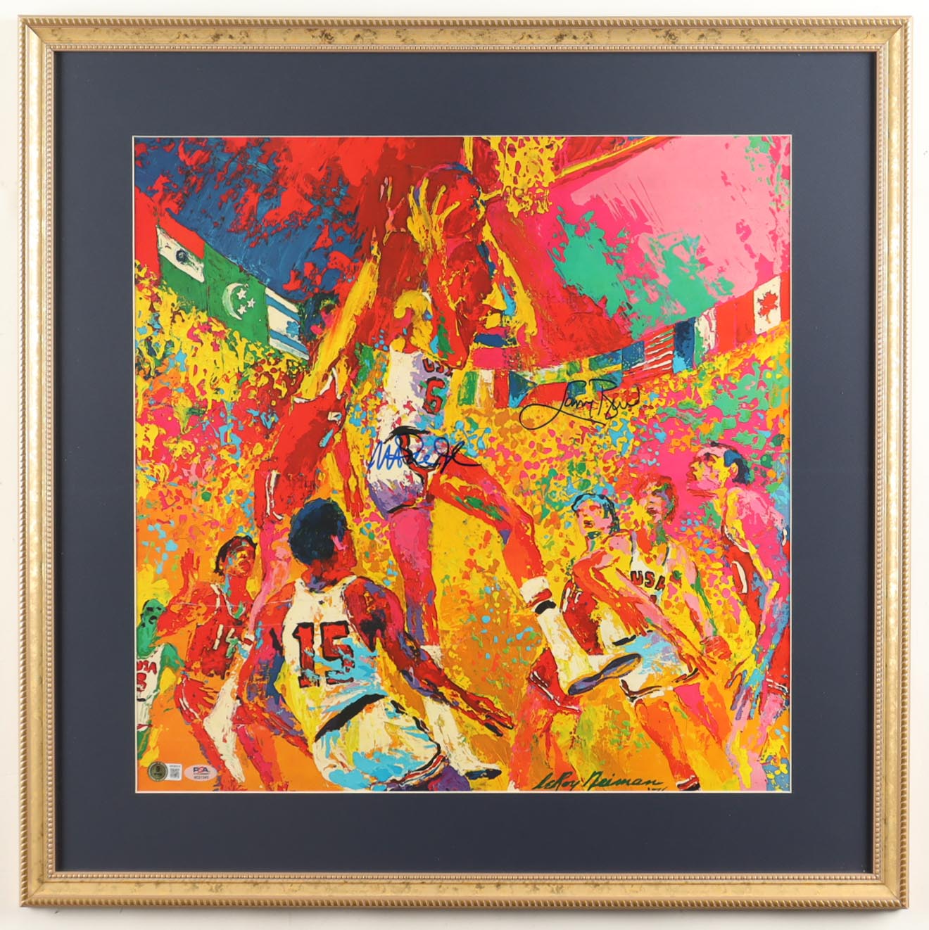 Magic Johnson & Larry Bird Signed Custom Framed "Team USA" Leroy Neiman Art Print Display (PSA & Beckett) at PristineAuction.com Magic Johnson & Larry Bird Signed Custom Framed "Team USA" Leroy Neiman Art Print Display (PSA & Beckett) at PristineAuction.com