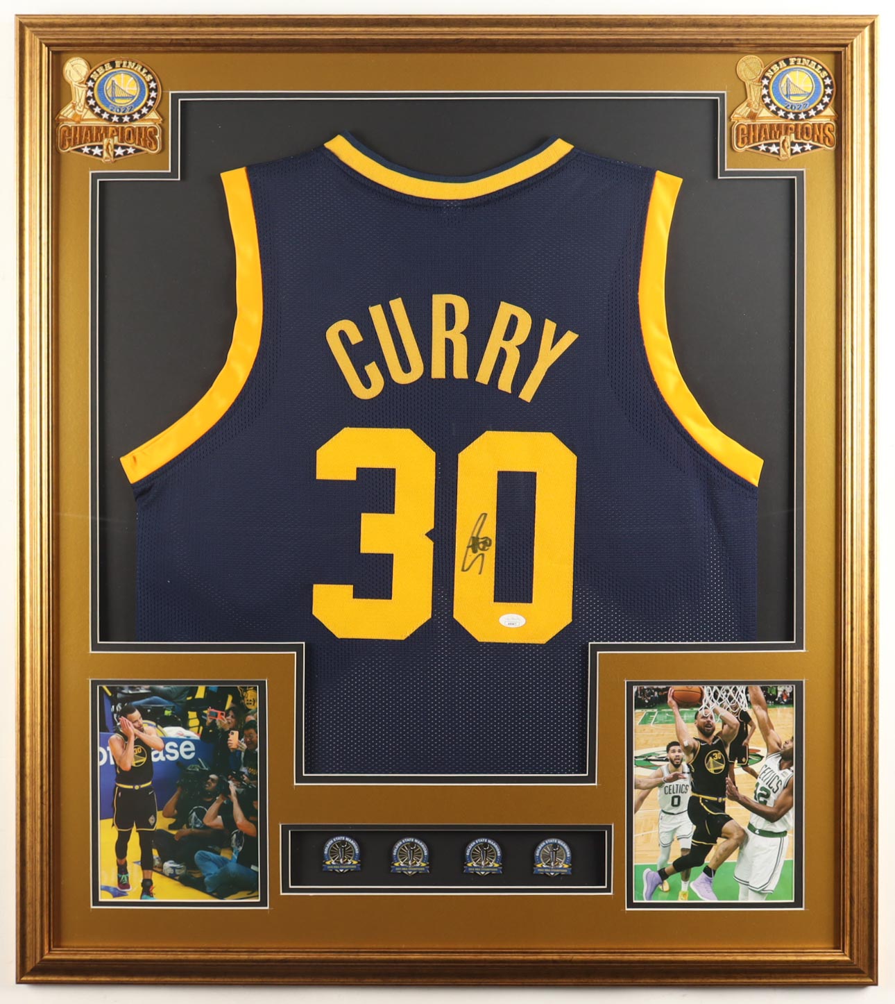 Stephen Curry Signed Custom Framed Jersey Display with (4) NBA Finals Pins & (2) Cloth NBA Finals Patches (JSA) at PristineAuction.com Stephen Curry Signed Custom Framed Jersey Display with (4) NBA Finals Pins & (2) Cloth NBA Finals Patches (JSA) at PristineAuction.com