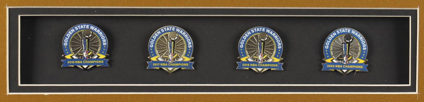 Stephen Curry Signed Custom Framed Jersey Display with (4) NBA Finals Pins & (2) Cloth NBA Finals Patches (JSA) at PristineAuction.com Stephen Curry Signed Custom Framed Jersey Display with (4) NBA Finals Pins & (2) Cloth NBA Finals Patches (JSA) at PristineAuction.com