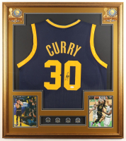 Stephen Curry Signed Custom Framed Jersey Display with (4) NBA Finals Pins & (2) Cloth NBA Finals Patches (JSA) at PristineAuction.com