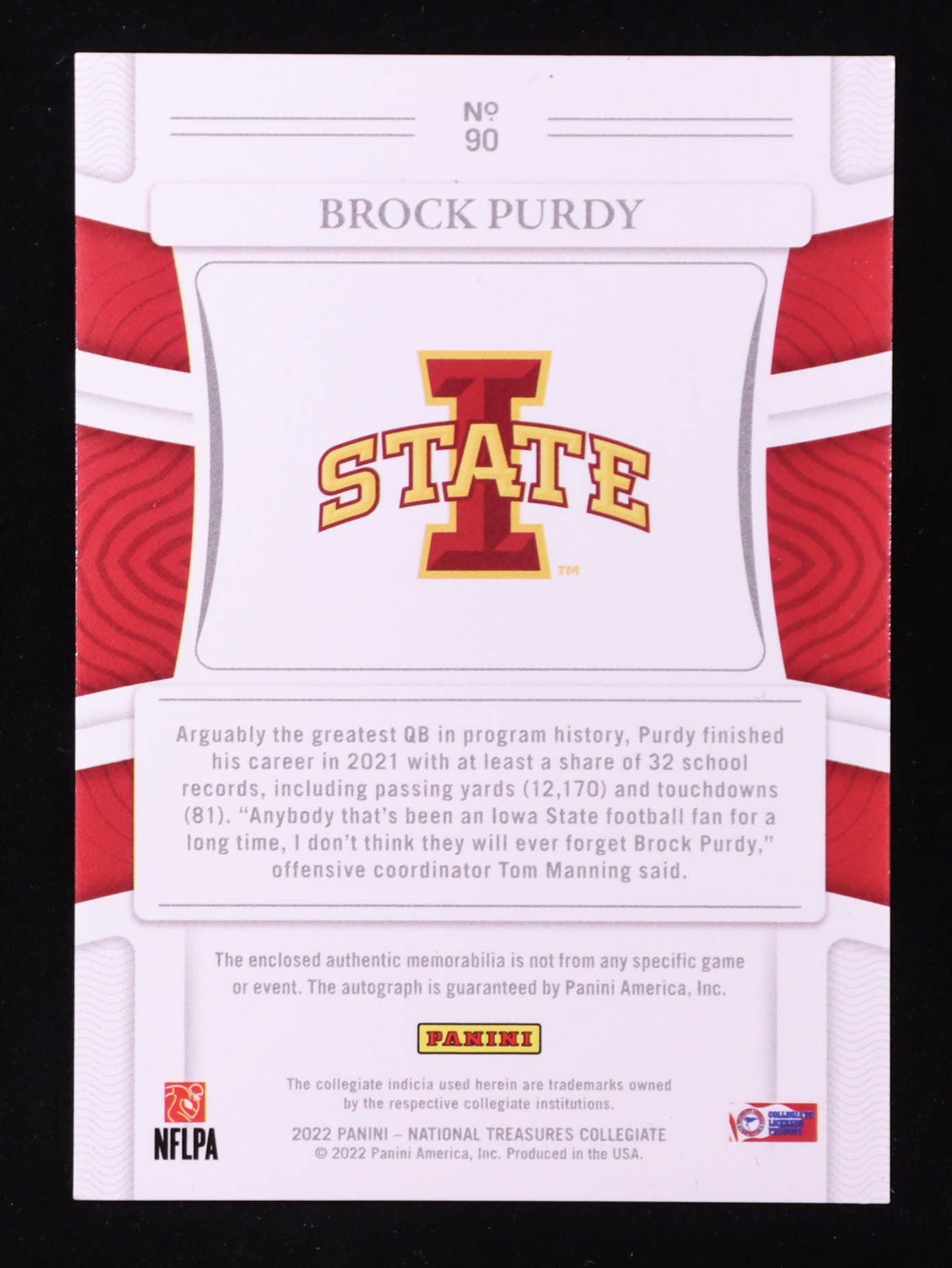 Brock Purdy 2022 Panini National Treasures Collegiate Patch Autographs #90 RC #32/39 at PristineAuction.com Brock Purdy 2022 Panini National Treasures Collegiate Patch Autographs #90 RC #32/39 at PristineAuction.com