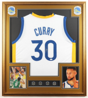 Stephen Curry Signed Custom Framed Jersey Display with (4) NBA Finals Pins & (2) Cloth Team Logo Patches (JSA) at PristineAuction.com