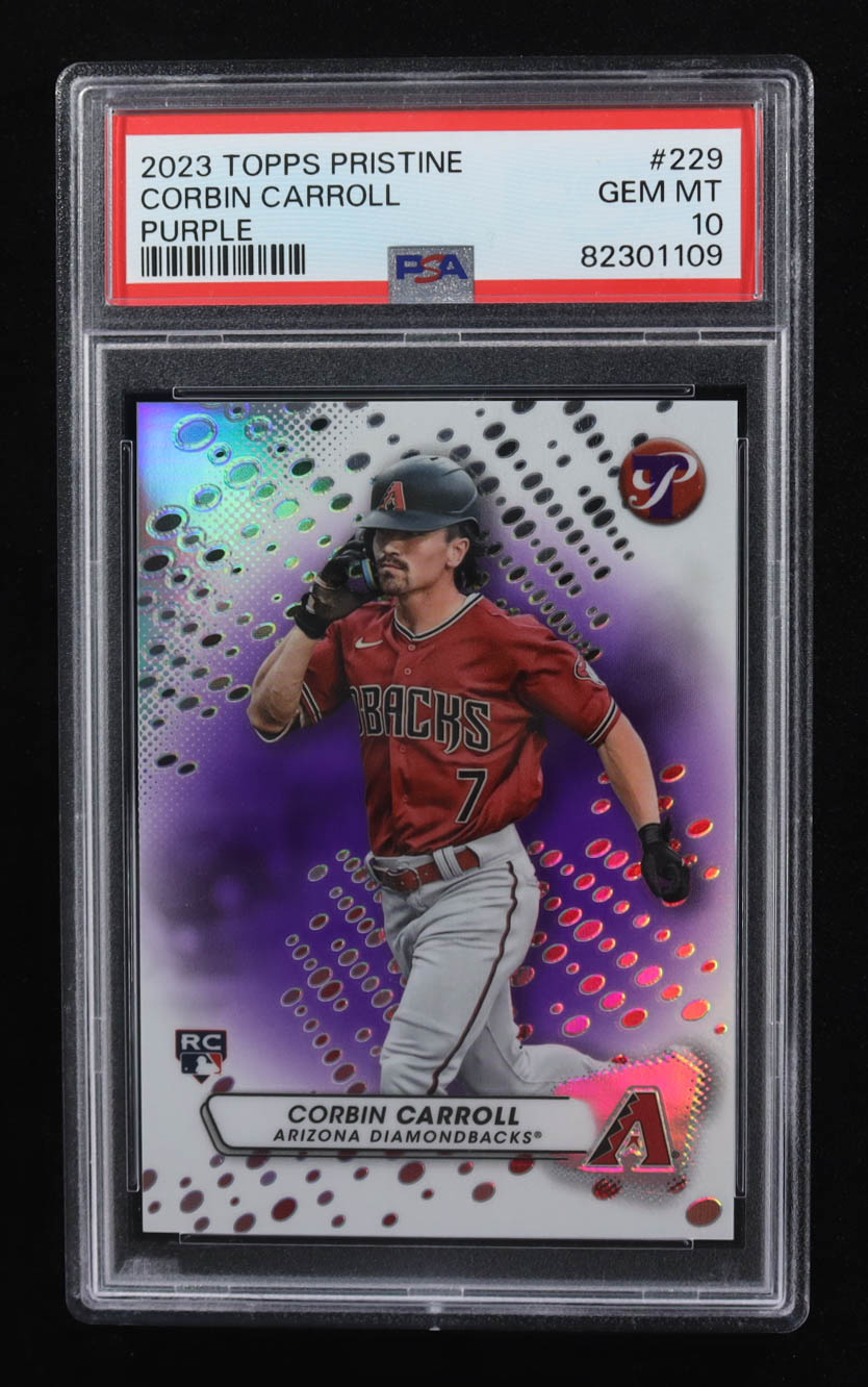 Corbin Carroll 2023 Topps Pristine Purple Refractors #229 RC #51/99 (PSA 10) at PristineAuction.com Corbin Carroll 2023 Topps Pristine Purple Refractors #229 RC #51/99 (PSA 10) at PristineAuction.com