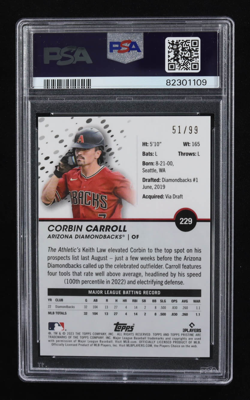 Corbin Carroll 2023 Topps Pristine Purple Refractors #229 RC #51/99 (PSA 10) at PristineAuction.com Corbin Carroll 2023 Topps Pristine Purple Refractors #229 RC #51/99 (PSA 10) at PristineAuction.com