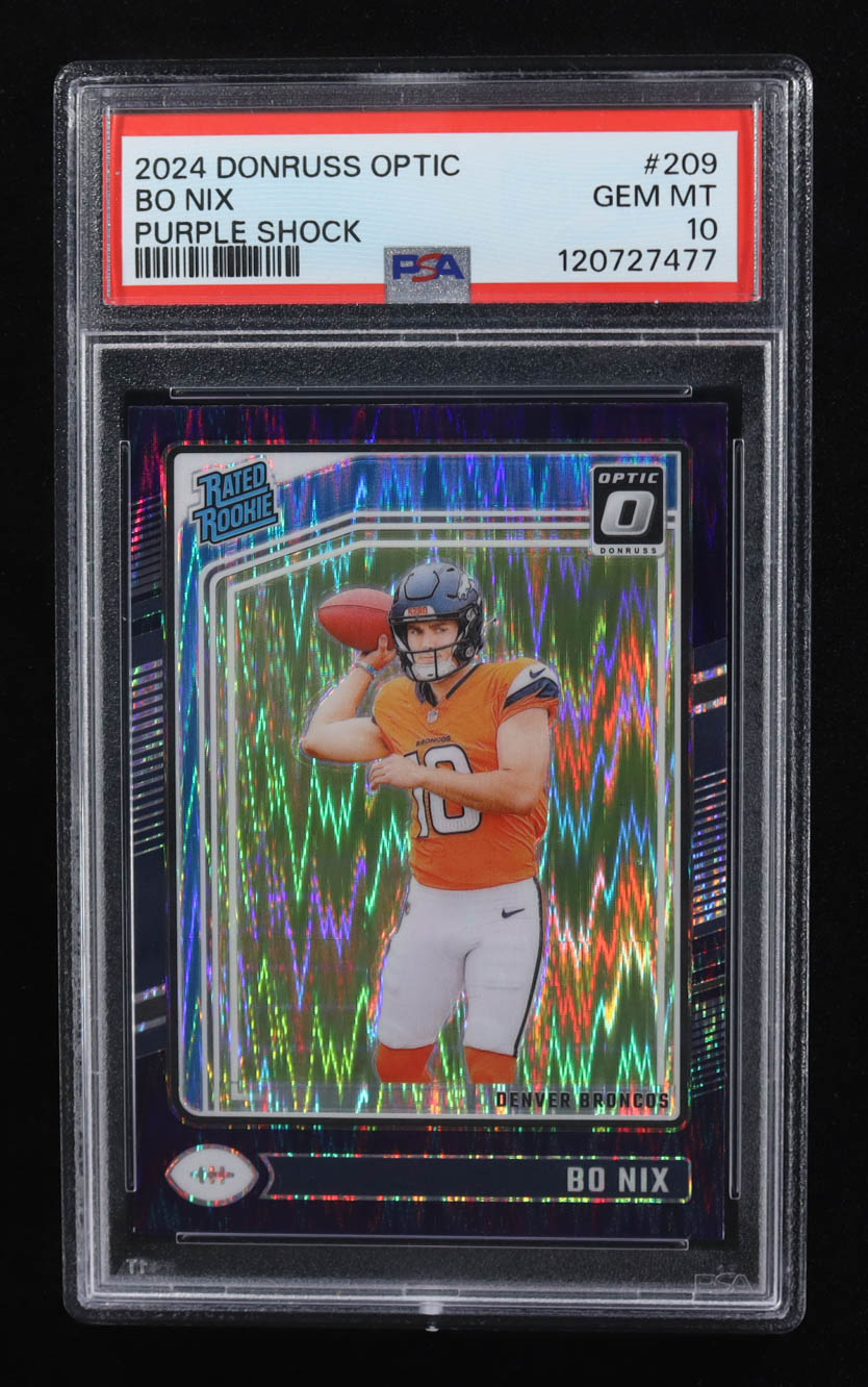 Bo Nix 2024 Donruss Optic Purple Shock #209 RR RC (PSA 10) at PristineAuction.com Bo Nix 2024 Donruss Optic Purple Shock #209 RR RC (PSA 10) at PristineAuction.com