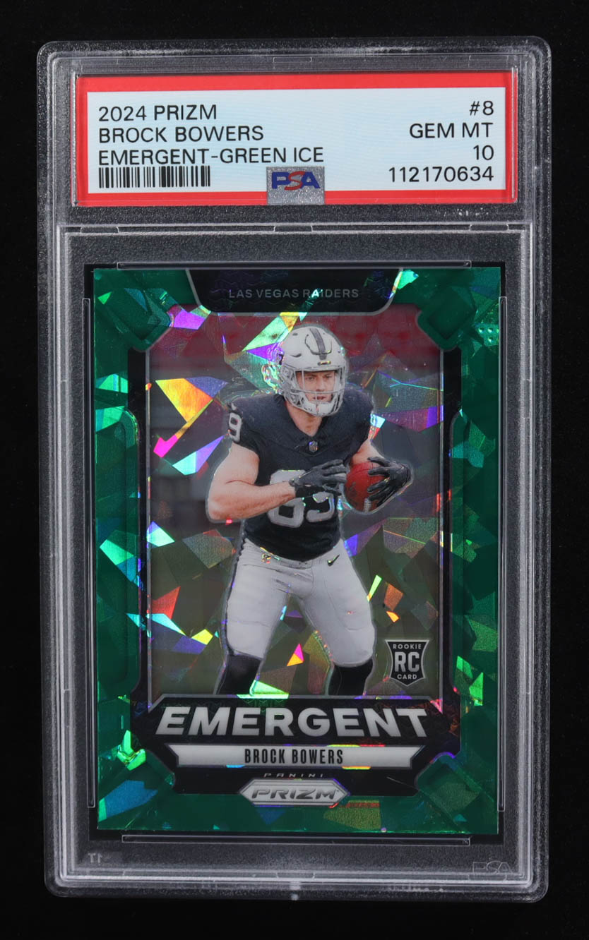 Brock Bowers 2024 Panini Prizm Emergent Prizms Green Ice #8 RC (PSA 10) at PristineAuction.com Brock Bowers 2024 Panini Prizm Emergent Prizms Green Ice #8 RC (PSA 10) at PristineAuction.com