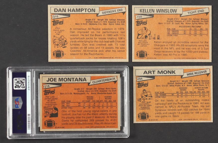 1981 Topps Football Complete Set of (528) Cards with Joe Montana #216 RC (PSA 8), Art Monk #194 RC, Dan Hampton #316 RC, Kellen Winslow #150 RC at PristineAuction.com 1981 Topps Football Complete Set of (528) Cards with Joe Montana #216 RC (PSA 8), Art Monk #194 RC, Dan Hampton #316 RC, Kellen Winslow #150 RC at PristineAuction.com