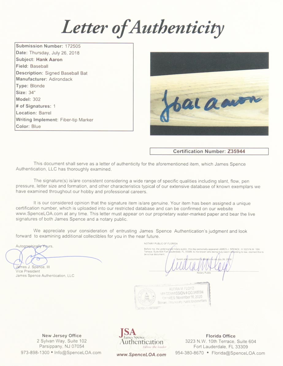 Hank Aaron Signed Adirondack Professional Model Baseball Bat (JSA) at PristineAuction.com Hank Aaron Signed Adirondack Professional Model Baseball Bat (JSA) at PristineAuction.com