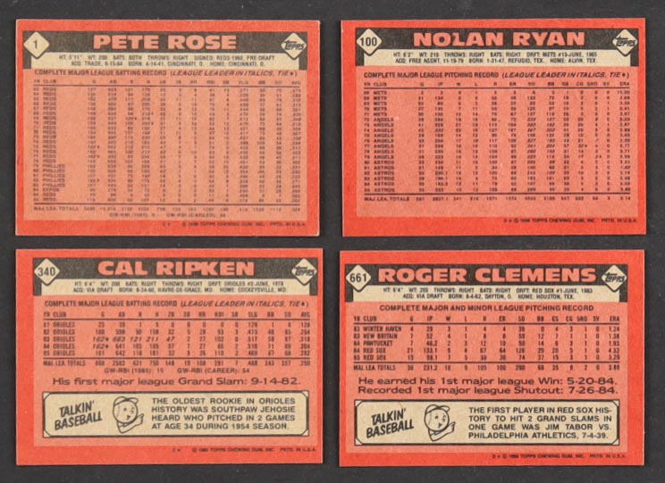 1986 Topps Complete Set of (792) Baseball Cards with Nolan Ryan #100, Roger Clemens #661, Pete Rose #1, Cal Ripken #340 at PristineAuction.com 1986 Topps Complete Set of (792) Baseball Cards with Nolan Ryan #100, Roger Clemens #661, Pete Rose #1, Cal Ripken #340 at PristineAuction.com