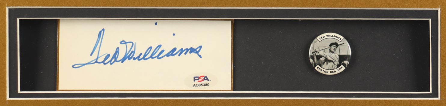 Ted Williams Signed Custom Framed Cut Display with Jersey & Williams Pin (PSA) at PristineAuction.com Ted Williams Signed Custom Framed Cut Display with Jersey & Williams Pin (PSA) at PristineAuction.com