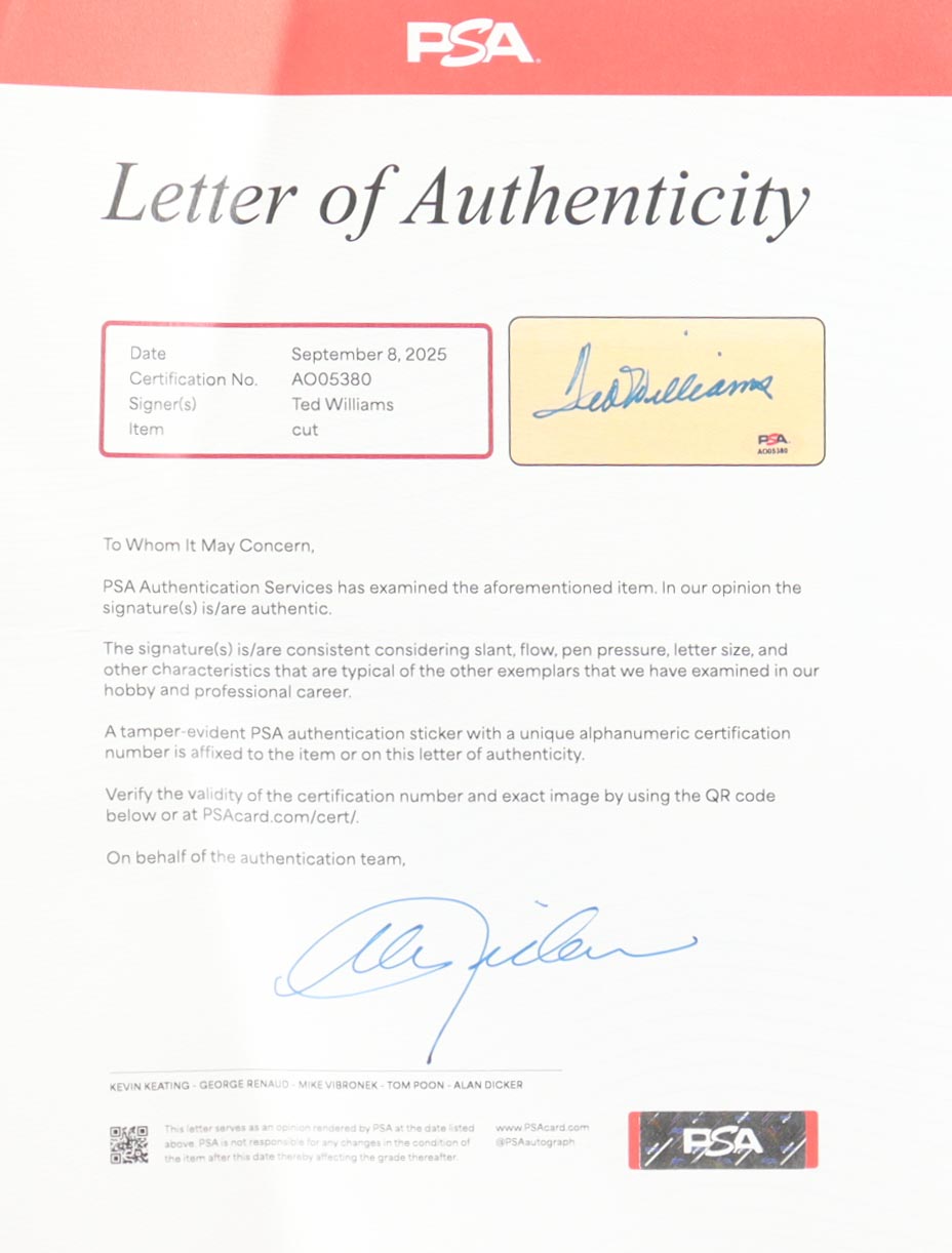 Ted Williams Signed Custom Framed Cut Display with Jersey & Williams Pin (PSA) at PristineAuction.com Ted Williams Signed Custom Framed Cut Display with Jersey & Williams Pin (PSA) at PristineAuction.com