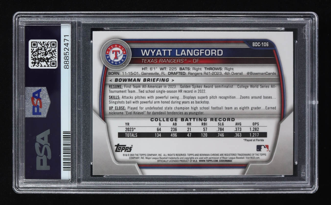 Wyatt Langford 2023 Bowman Chrome Draft #BDC106 RC (PSA 10) at PristineAuction.com Wyatt Langford 2023 Bowman Chrome Draft #BDC106 RC (PSA 10) at PristineAuction.com