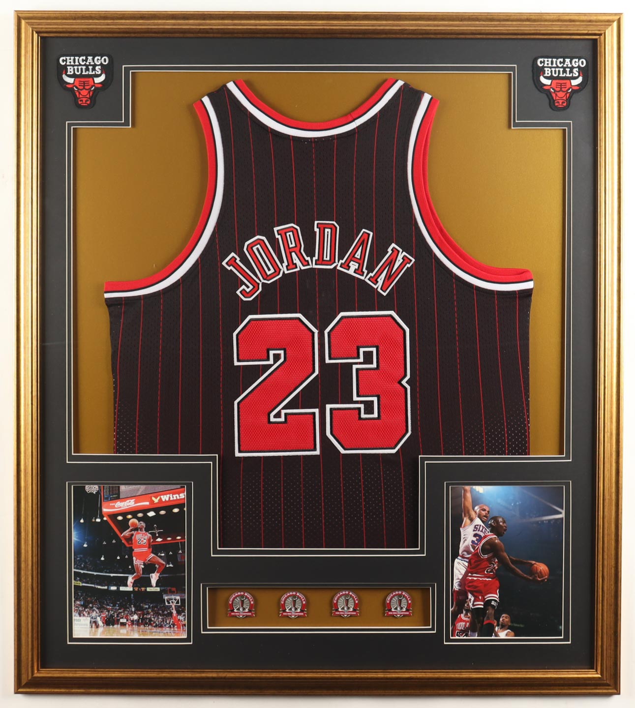 Michael Jordan Custom Framed Jersey Display with (4) Bulls Finals Pins & (2) Cloth Bulls Logo Patches at PristineAuction.com Michael Jordan Custom Framed Jersey Display with (4) Bulls Finals Pins & (2) Cloth Bulls Logo Patches at PristineAuction.com