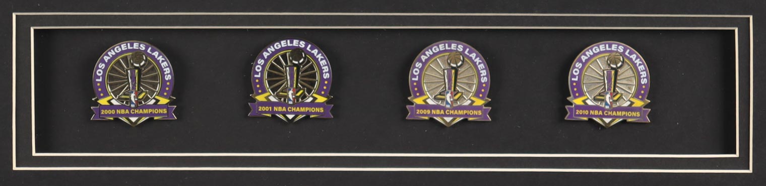 Kobe Bryant Custom Framed Adidas Lakers Authentic Jersey Display with (4) Lakers Finals Pins & (2) Metal Lakers Logo Emblems at PristineAuction.com Kobe Bryant Custom Framed Adidas Lakers Authentic Jersey Display with (4) Lakers Finals Pins & (2) Metal Lakers Logo Emblems at PristineAuction.com