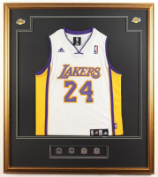Kobe Bryant Custom Framed Adidas Lakers Authentic Jersey Display with (4) Lakers Finals Pins & (2) Metal Lakers Logo Emblems at PristineAuction.com