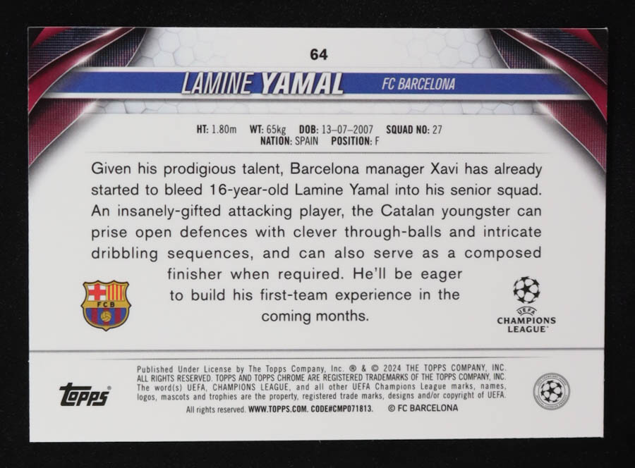 Lamine Yamal 2023-24 Topps Chrome UEFA Club Competitions Aqua Prism Refractors #64 RC at PristineAuction.com Lamine Yamal 2023-24 Topps Chrome UEFA Club Competitions Aqua Prism Refractors #64 RC at PristineAuction.com