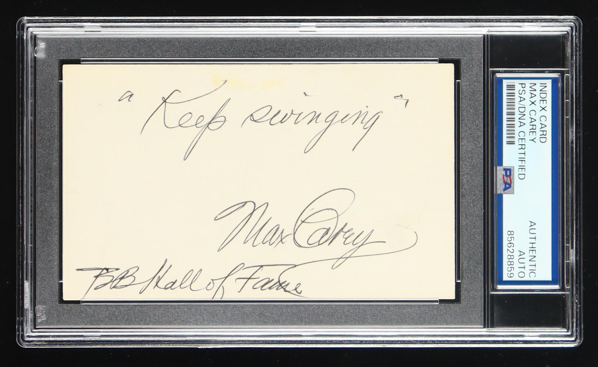 Max Carey Signed Index Card Inscribed "Keep Swinging" & "BB Hall of Fame" (PSA) at PristineAuction.com Max Carey Signed Index Card Inscribed "Keep Swinging" & "BB Hall of Fame" (PSA) at PristineAuction.com