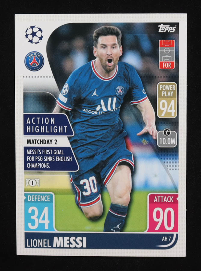 Lionel Messi 2021-22 Topps Match Attax Extra UEFA Champions and Europa League Action Highlights #AH7 at PristineAuction.com Lionel Messi 2021-22 Topps Match Attax Extra UEFA Champions and Europa League Action Highlights #AH7 at PristineAuction.com