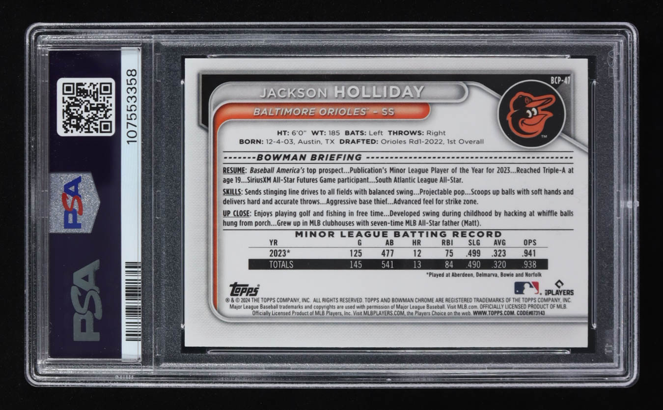 Jackson Holliday Signed 2024 Bowman Chrome Prospects #BCP47 RC (PSA) at PristineAuction.com Jackson Holliday Signed 2024 Bowman Chrome Prospects #BCP47 RC (PSA) at PristineAuction.com