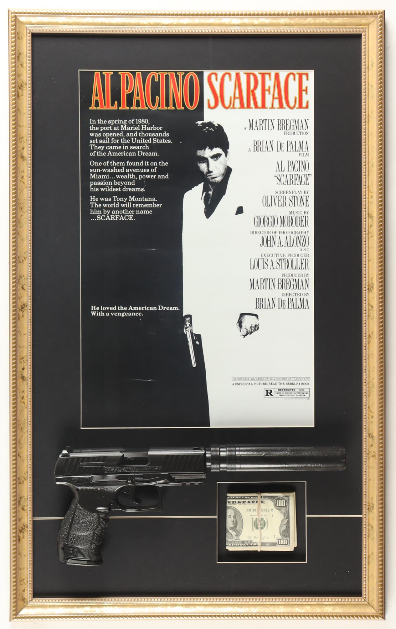 "Scarface" Custom Framed Movie Poster Display with Prop Replica Money Stack & Pistol at PristineAuction.com "Scarface" Custom Framed Movie Poster Display with Prop Replica Money Stack & Pistol at PristineAuction.com