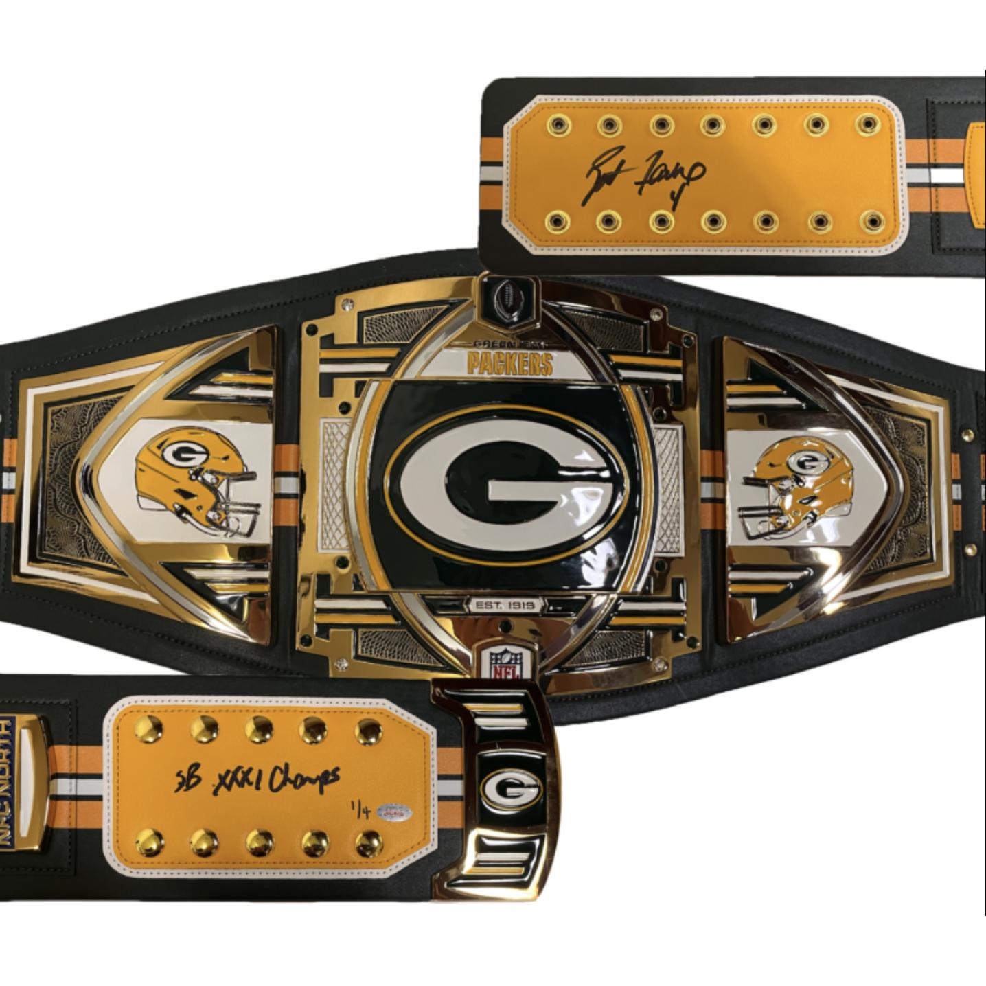Brett Favre Signed LE Packers WWE Belt Inscribed "SB XXXI Champs" (Gameday Legends) at PristineAuction.com Brett Favre Signed LE Packers WWE Belt Inscribed "SB XXXI Champs" (Gameday Legends) at PristineAuction.com