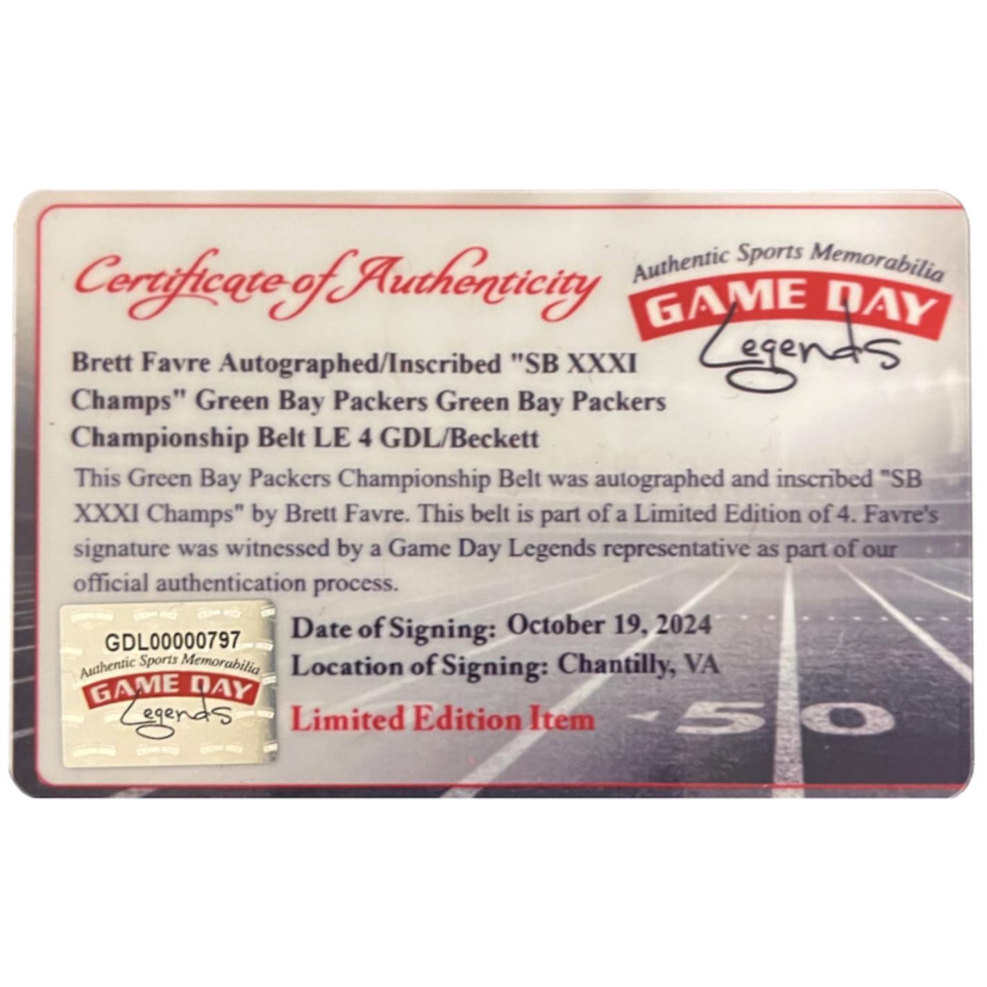 Brett Favre Signed LE Packers WWE Belt Inscribed "SB XXXI Champs" (Gameday Legends) at PristineAuction.com Brett Favre Signed LE Packers WWE Belt Inscribed "SB XXXI Champs" (Gameday Legends) at PristineAuction.com