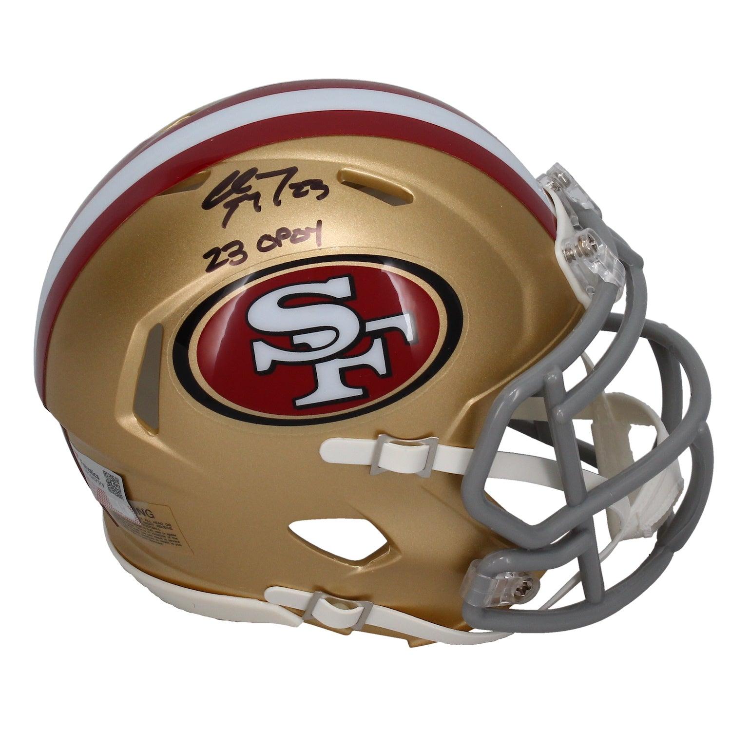 Christian McCaffrey Signed 49ers Speed Mini Helmet Inscribed "23 OPOY" (Fanatics) at PristineAuction.com Christian McCaffrey Signed 49ers Speed Mini Helmet Inscribed "23 OPOY" (Fanatics) at PristineAuction.com
