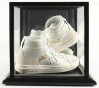 Magic Johnson & Larry Bird Signed Pair of (2) Converse All Star White Leather Basketball Shoes with Display Case (Beckett & PSA) at PristineAuction.com