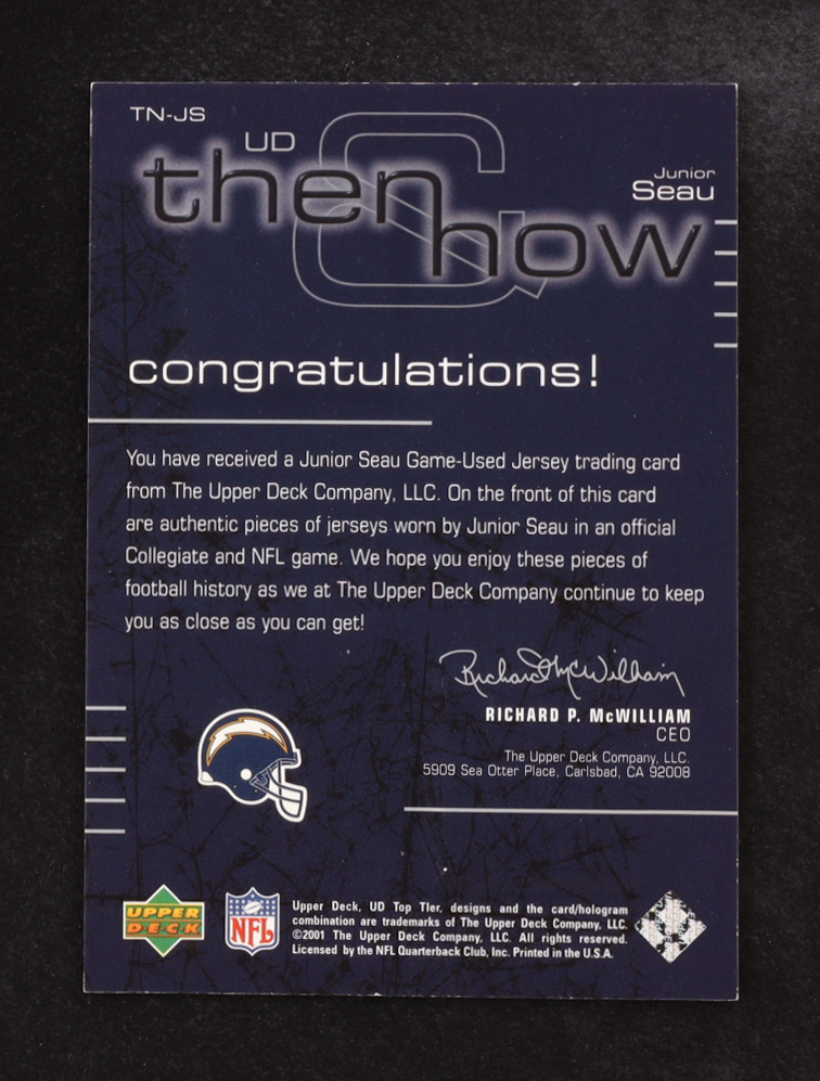 Junior Seau 2001 Upper Deck Top Tier Then & Now #TN-JS at PristineAuction.com Junior Seau 2001 Upper Deck Top Tier Then & Now #TN-JS at PristineAuction.com